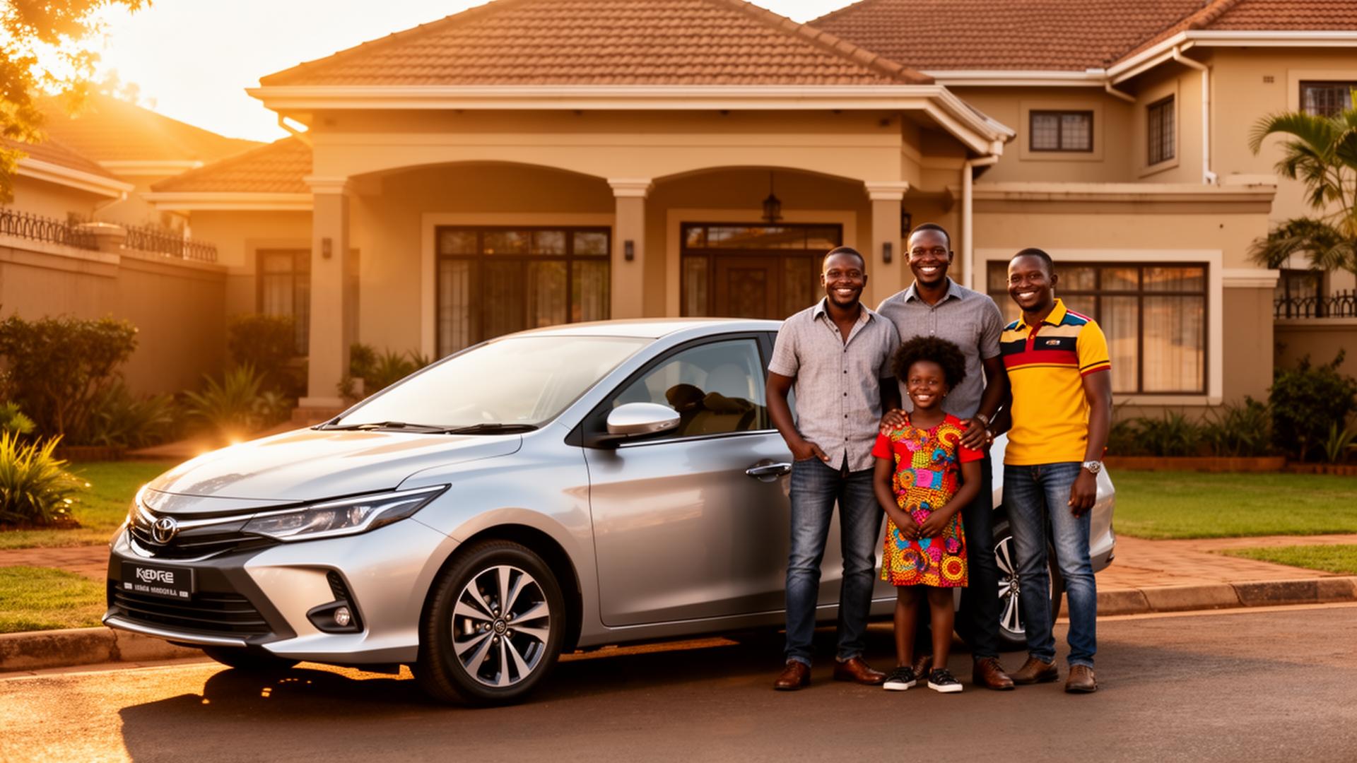 Kenyan family standing beside their car in front of their home, insured by Zest Insurance